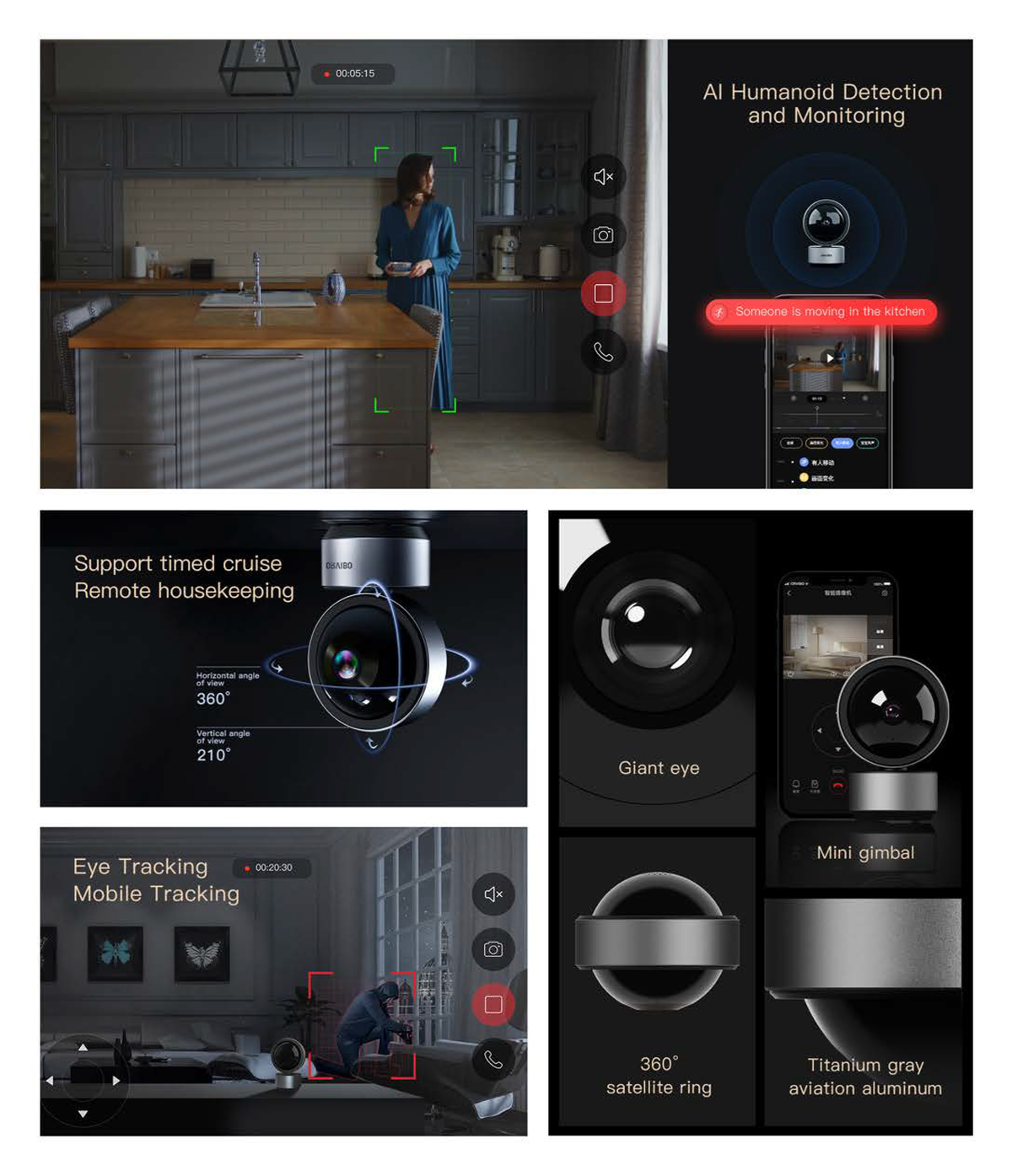 Collage of a smart home security system with AI humanoid detection, remote housekeeping, and tracking features.