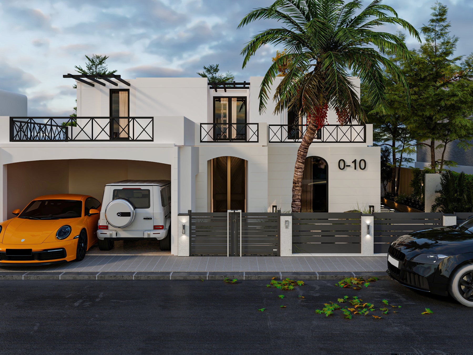 Modern white house with cars parked in front and palm trees in the background