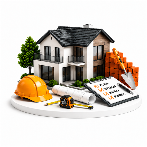 A miniature model of a modern two-story house displayed on a white circular base with construction-themed props including an orange hard hat, orange bricks, a trowel, rolled blueprints, a tape measure, and a checklist notepad on a white background.