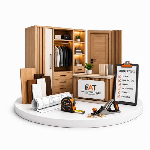 A 3D-rendered miniature showroom or workshop display featuring a wooden wardrobe/closet, shelving, a reception desk with the text 'EAT ELITE ARTIFICIAL TOUCH', tools on a white platform including a tape measure, pencil, and hand plane, and a clipboard reading 'JONERY FITOUTS' with checklist items. No people or animals are present.