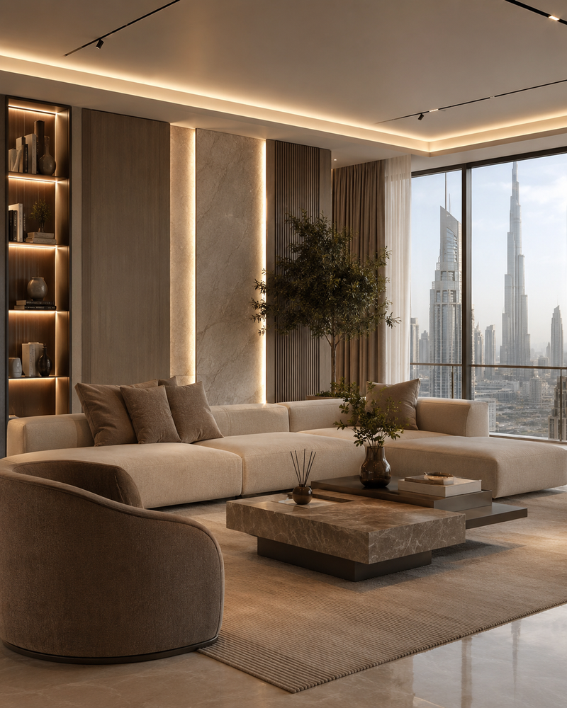 Modern living room with a large window view of a city skyline.