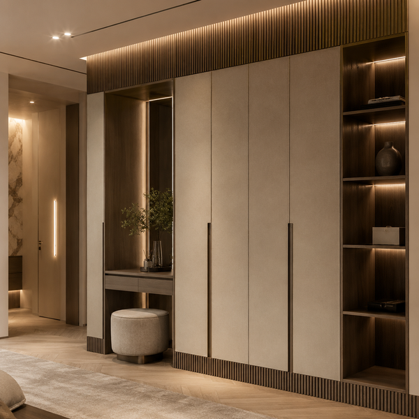 Modern interior design with a wardrobe and mirror in a well-lit room.