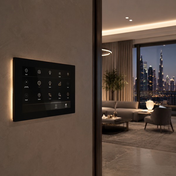 Smart home control panel in a modern living room with city skyline view