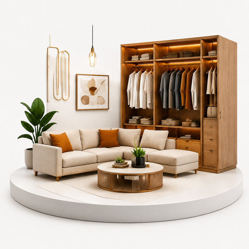 Modern living room with beige sectional sofa, wooden coffee table, and wardrobe with clothes.