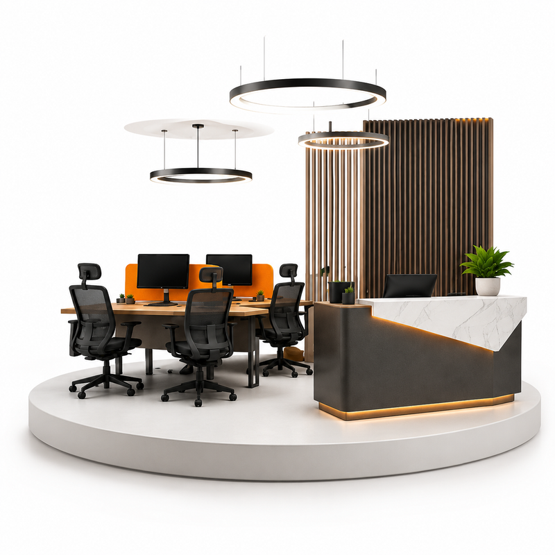 Modern office setup with desks, chairs, and a reception desk on a white background