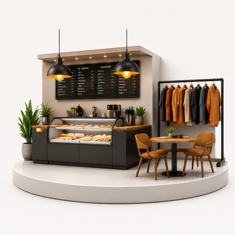 Modern cafe interior with food display, seating area, and clothing rack.