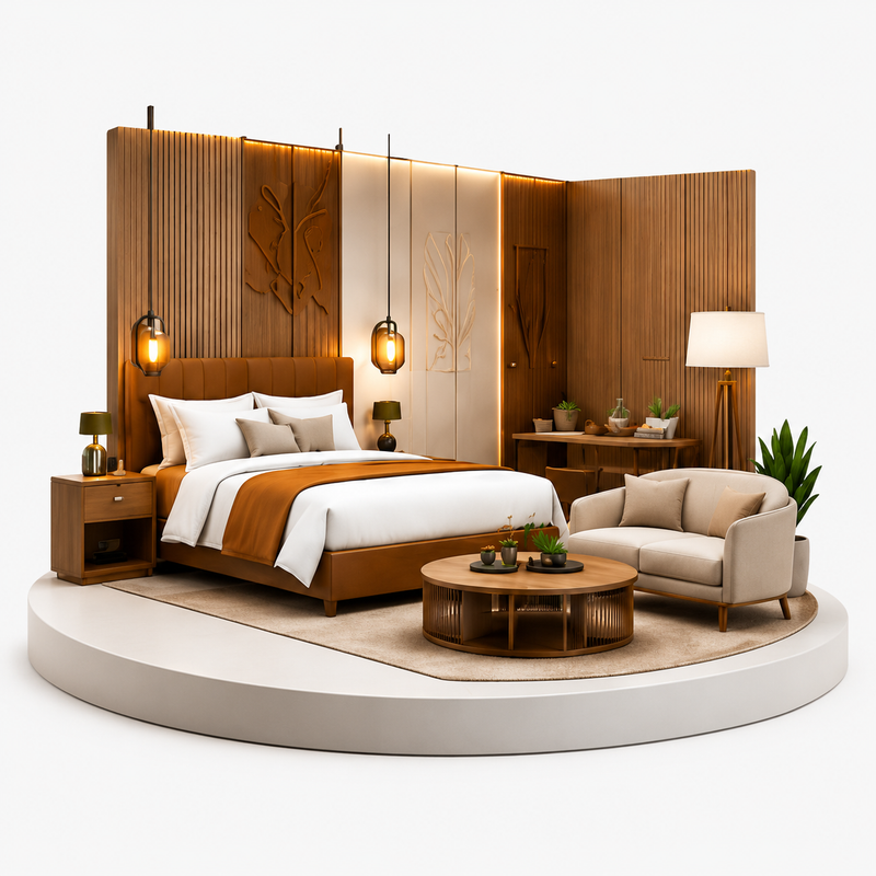 Modern bedroom with wooden headboard, beige sofa, and round coffee table.