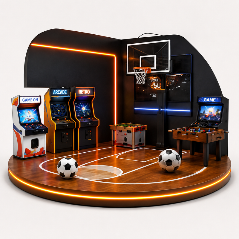 Multigame arcade machine with basketball hoop, arcade games, and foosball table on a wooden platform.