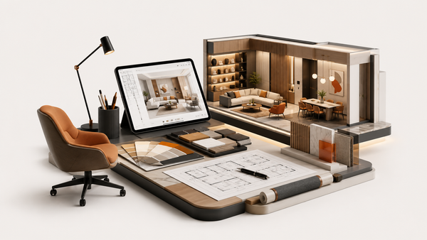 Modern office desk setup with chair, computer monitor, and various office items on a white background