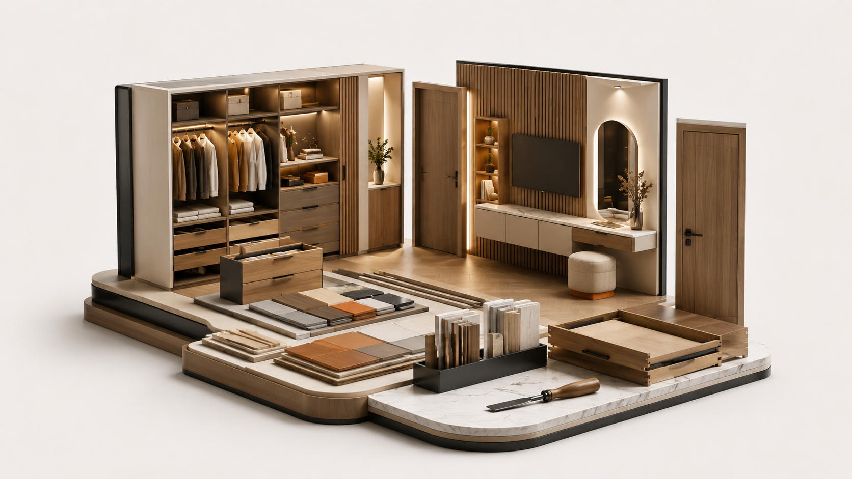 Complete room joinery including wardrobe, doors, wall cladding, floor and cabinets