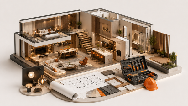 3D model of a modern house interior with furniture and decor elements.