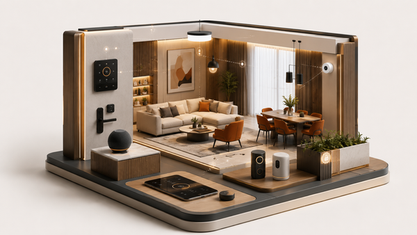 Model of a modern living room with furniture and decor on a white background