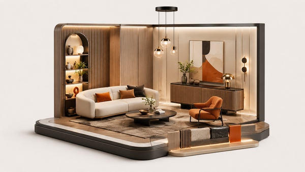 Modern living room with stylish furniture and decor on a white background