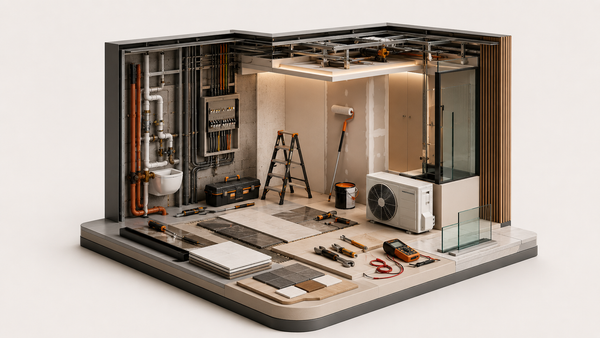 Model of a compact living space with furniture and appliances on a white background