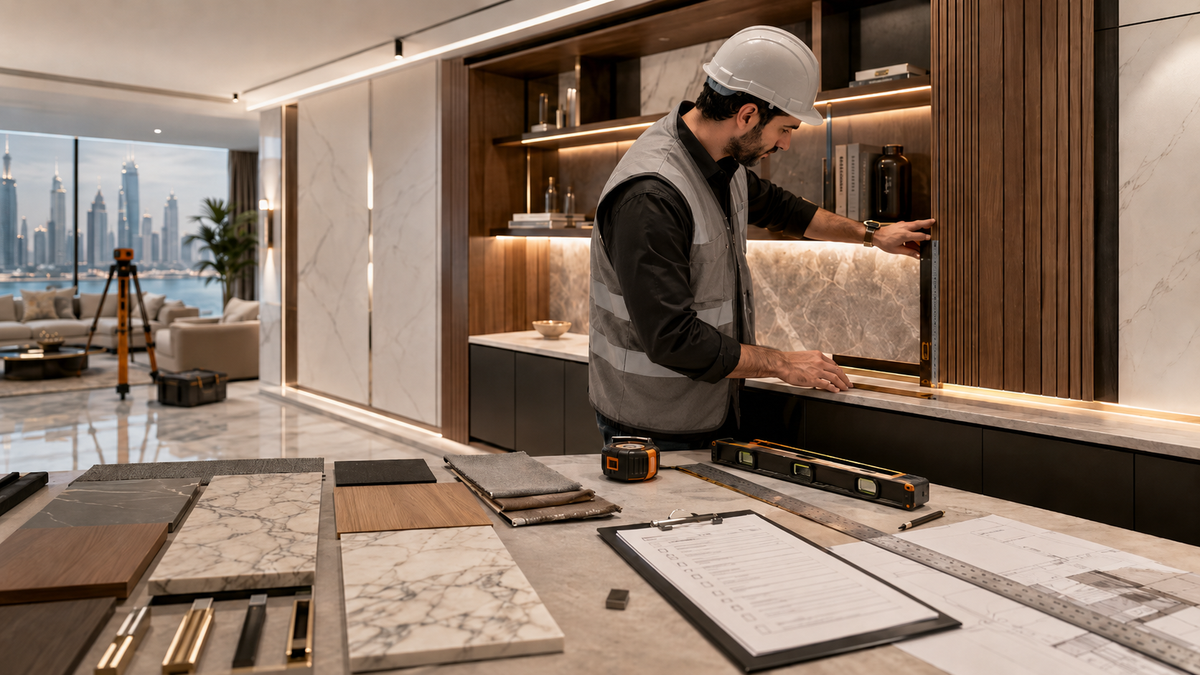 Person in a modern kitchen setting with marble samples and tools