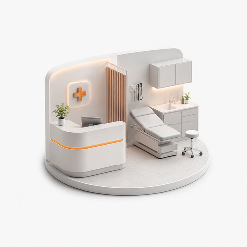 A 3D isometric rendering of a modern medical clinic interior, featuring a curved white reception desk with an orange illuminated cross symbol, a patient examination bed, white cabinets, and a small white stool, all arranged on a circular platform against a light gray background.