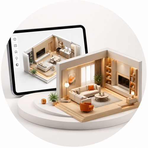 A miniature 3D-rendered living room model displayed on a white pedestal, with a tablet in the background showing the interior design layout. The room features light wood flooring, beige sofas, warm ambient lighting, built-in shelving, and small potted plants.