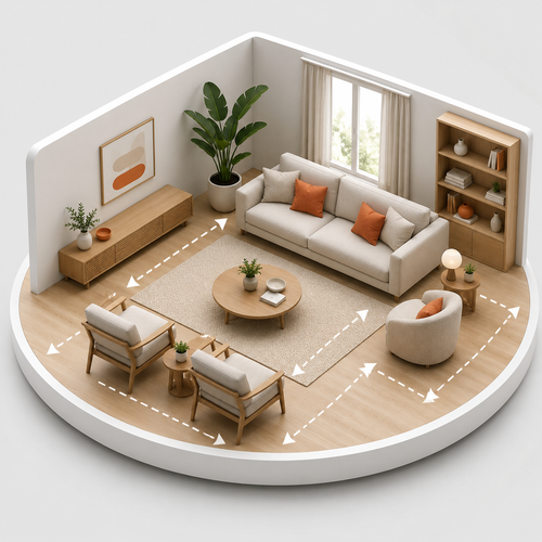 A 3D isometric rendering of a modern, minimalist living room layout. The scene features a light beige sofa with orange accent pillows, a matching wooden coffee table, two armchairs, a round accent chair, a wooden bookshelf, and a potted plant, all arranged on a light wood floor inside a white circular platform.