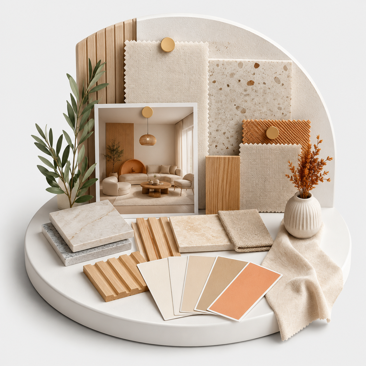 A styled interior materials display featuring stone and wood swatches, fabric samples, a small framed room scene, and decorative dried stems on a white pedestal against a light gray background.