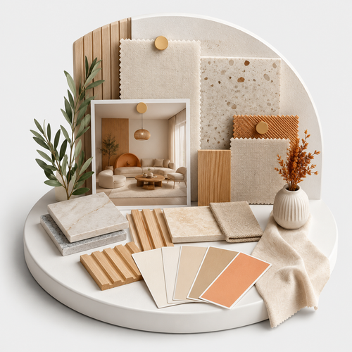A styled interior materials display featuring stone and wood swatches, fabric samples, a small framed room scene, and decorative dried stems on a white pedestal against a light gray background.
