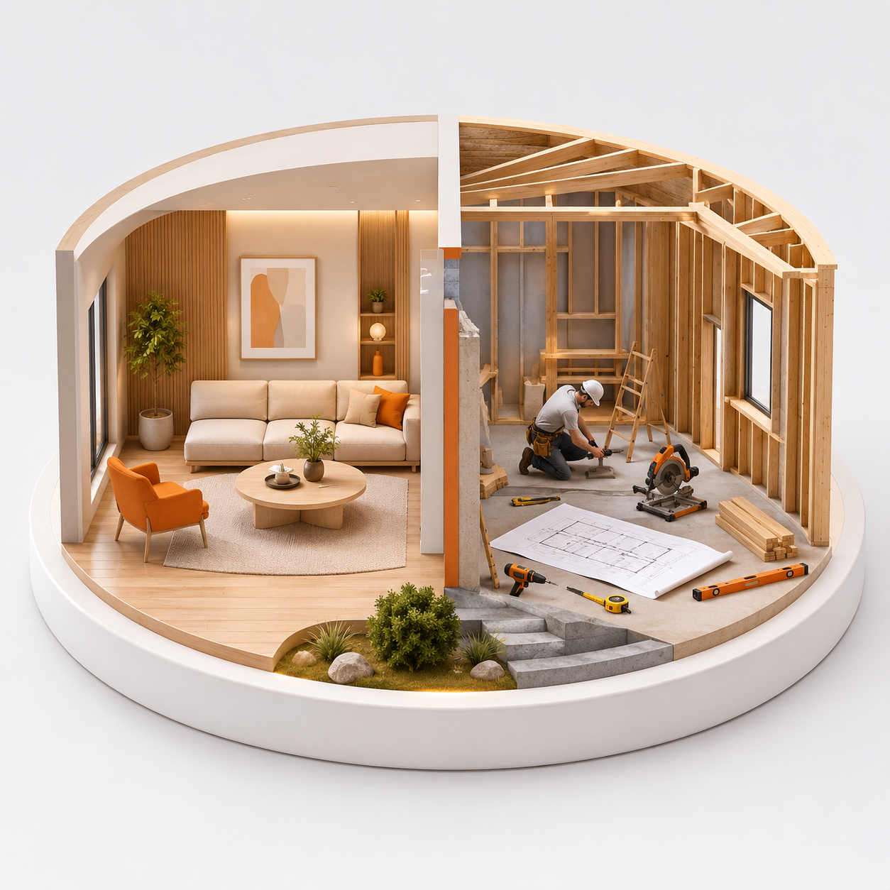 A circular architectural model or diorama showing a home interior split into finished and construction phases. The left half displays a styled living room with a beige sofa, orange armchair, coffee table, and framed art.