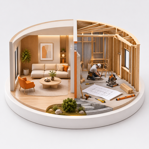 A circular architectural model or diorama showing a home interior split into finished and construction phases. The left half displays a styled living room with a beige sofa, orange armchair, coffee table, and framed art.