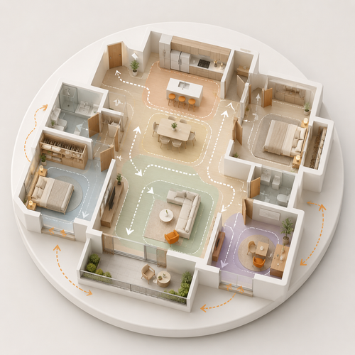 A 3D architectural floor plan rendering of a modern multi-room apartment layout on a circular platform, showing labeled room zones, furniture placement, and flow arrows in a clean isometric view.