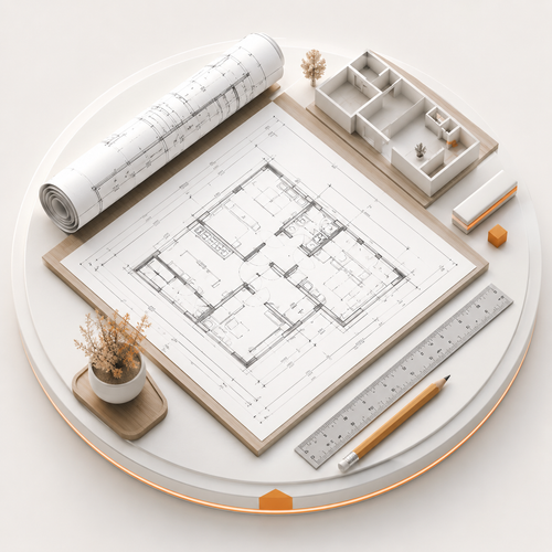 Architectural floor plan drawings displayed on a round white table with a rolled blueprint, pencil, ruler, small plant, and miniature room model.