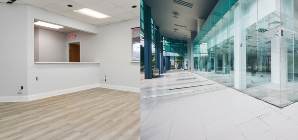 Two office environments: a white room with wooden floor and a modern glass-walled office.