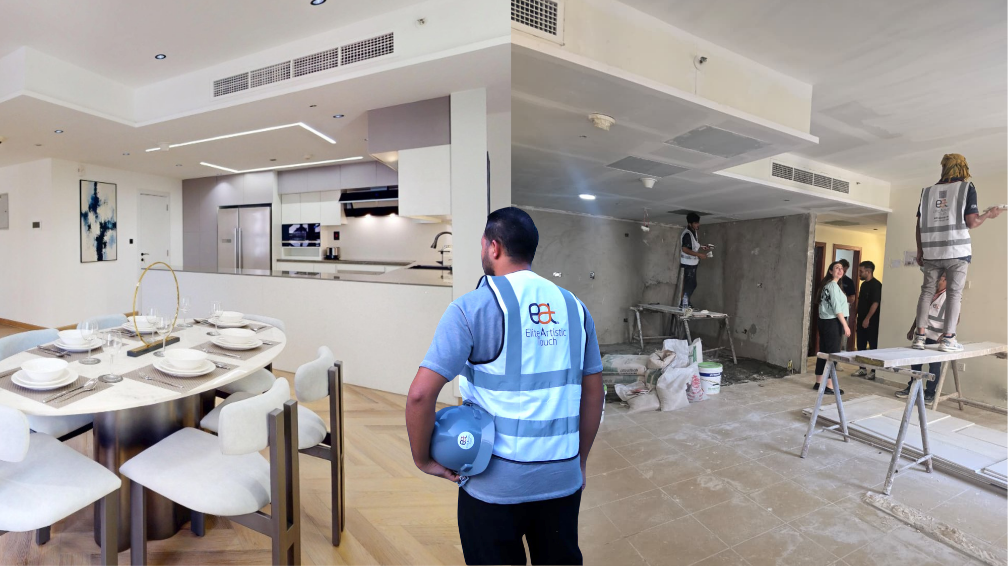 Person in a blue safety vest walking through a modern kitchen under construction. showing before and after results.