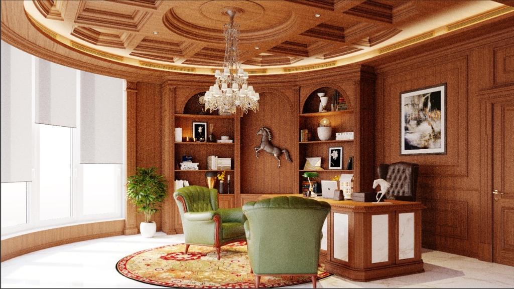 Luxurious office with wooden walls, chandelier, and green chairs.