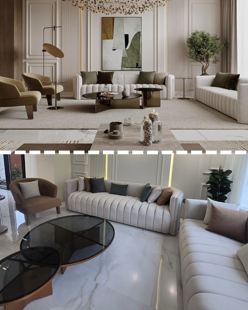 Modern living room with white sofa, brown armchairs, and decorative elements.