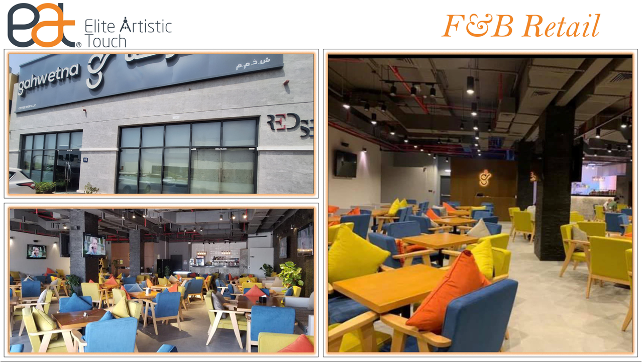 Collage of images showing a building exterior, interior of a restaurant, and colorful seating area.