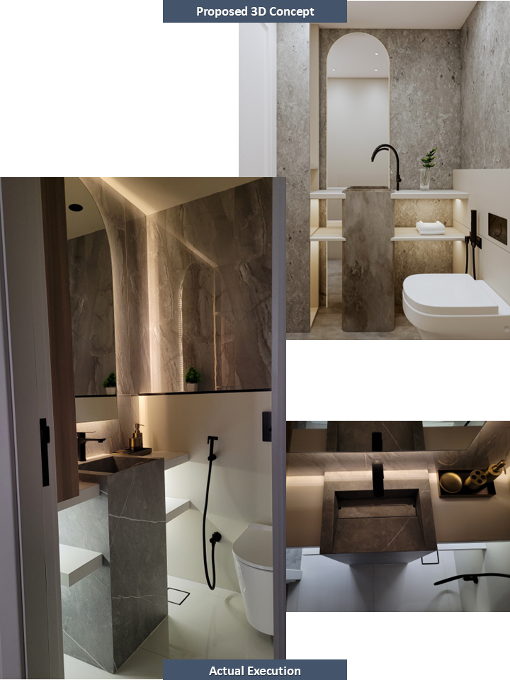 Bathroom design comparison with proposed 3D concept and actual execution.