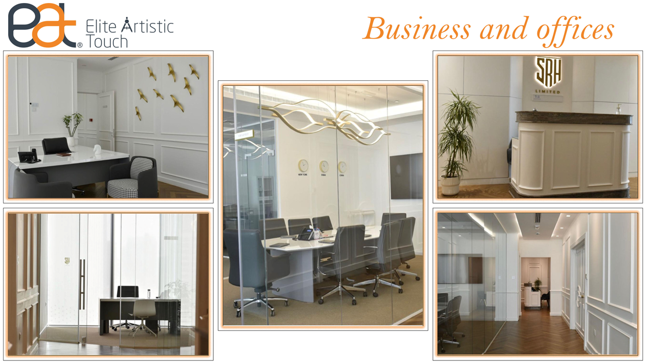 Collage of office interior design with 'Elite Artistic Touch' branding.
