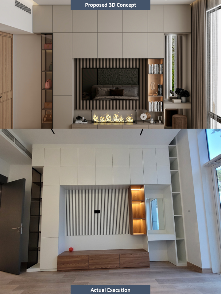 Comparison of proposed 3D concept and actual execution of a modern living room design.