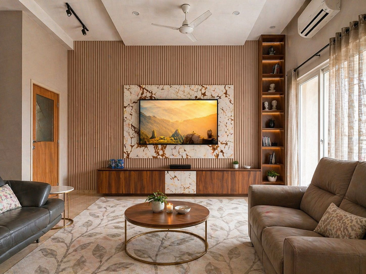 Modern living room with a television mounted on a decorative wall, surrounded by furniture and decor.