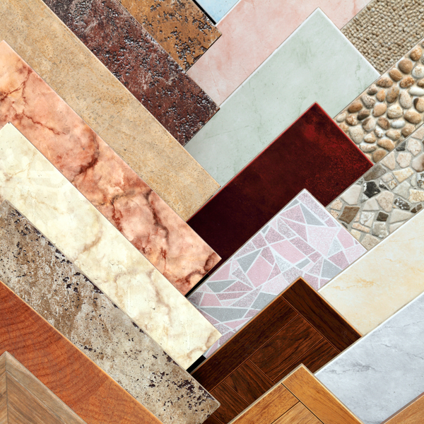 Collection of various tile samples in different patterns and colors.