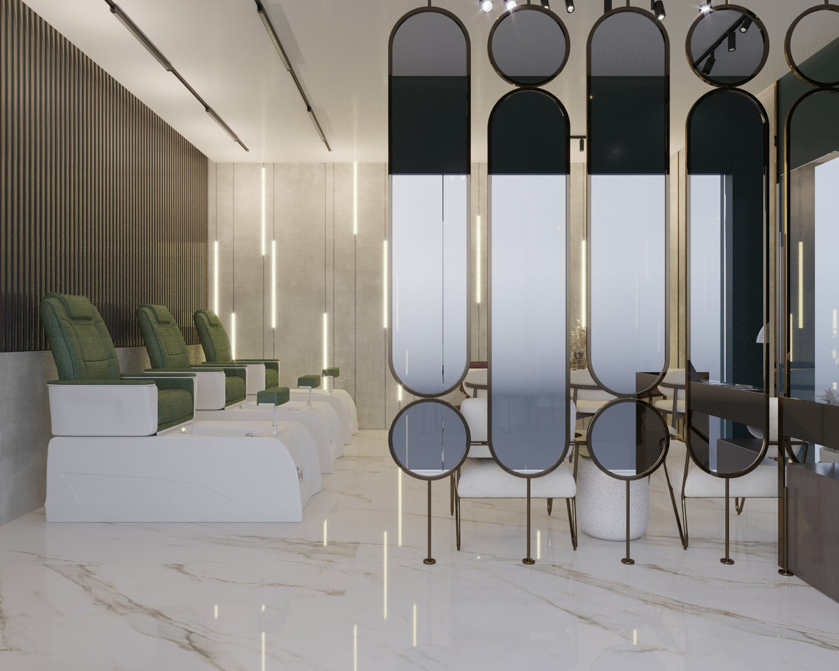 A modern spa or salon interior with white marble flooring, green and white reclining chairs, and tall decorative mirrors with black and frosted panels.
