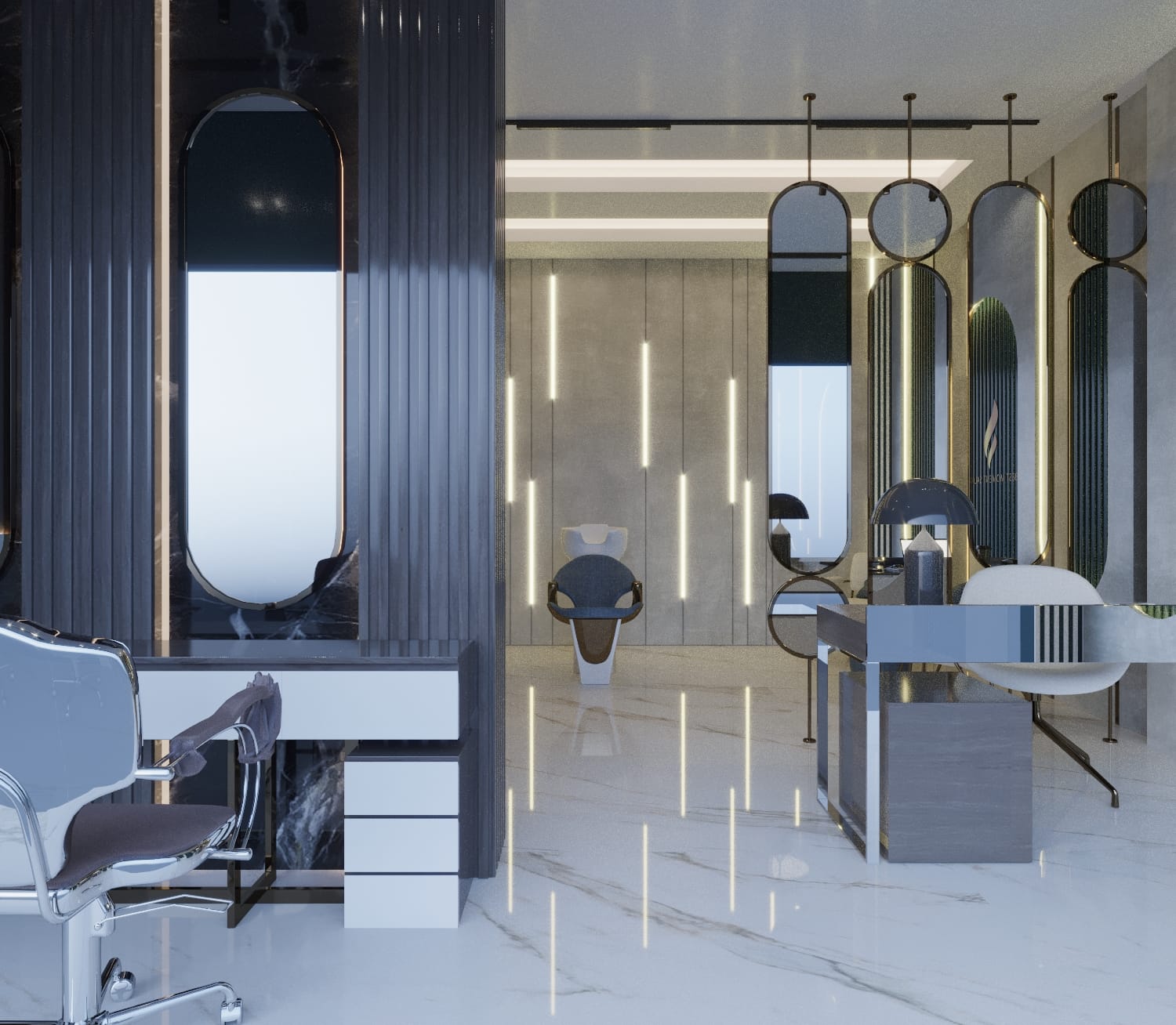 Modern salon interior with mirrors and chairs