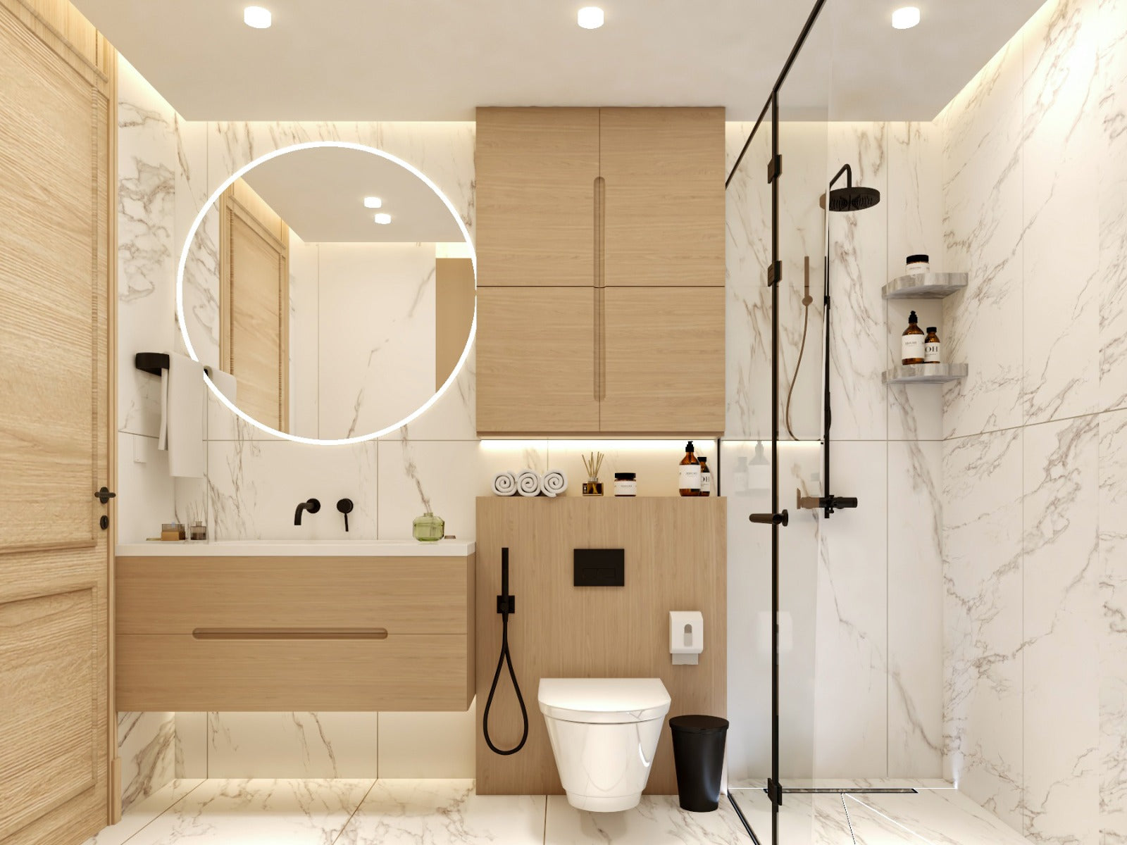 Modern bathroom with wooden vanity, toilet, and shower area.