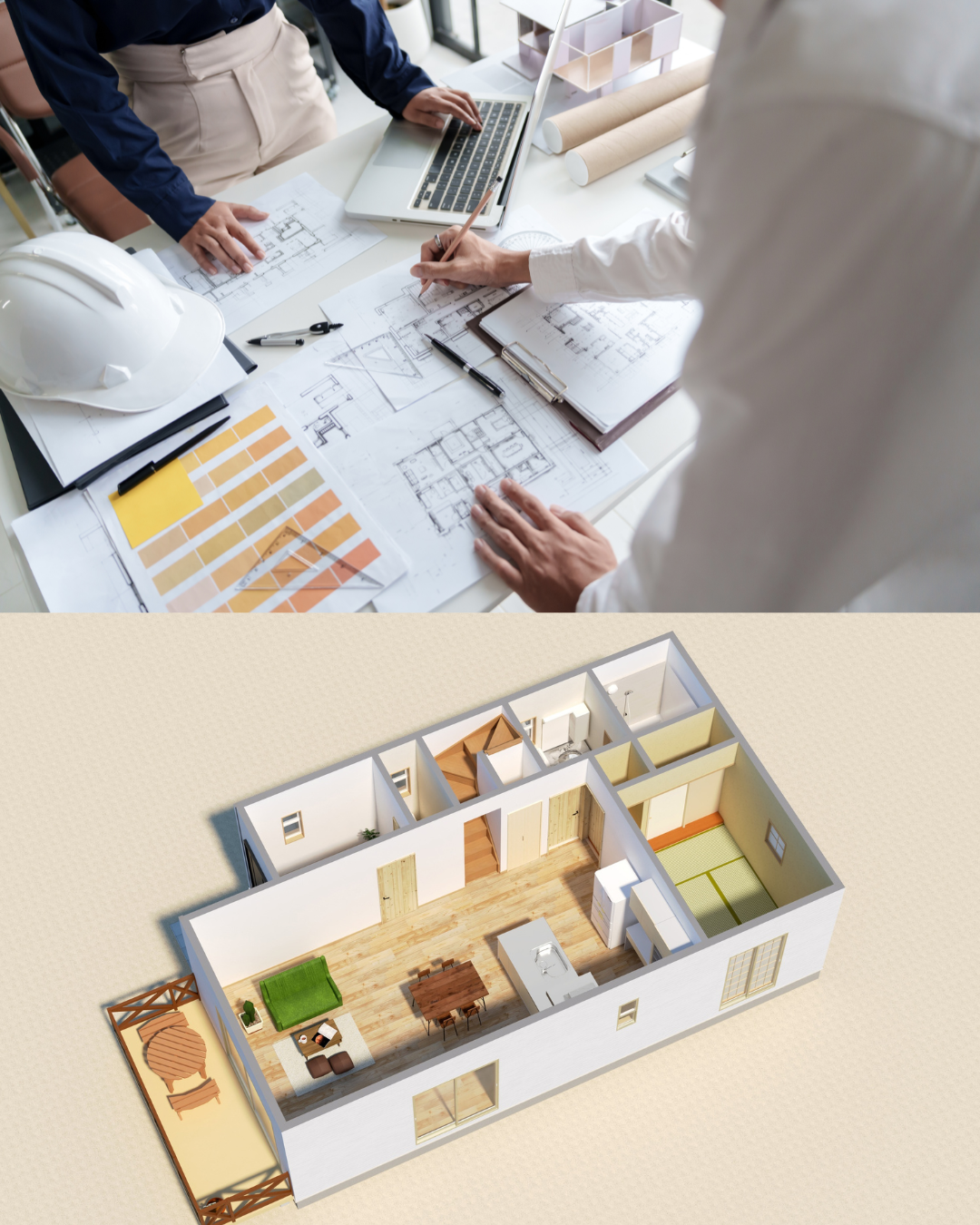 Two people working on architectural plans with a 3D floor plan model displayed below.