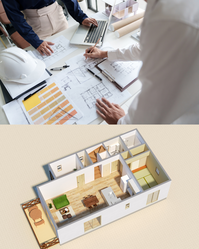 Two people working on architectural plans with a 3D floor plan model displayed below.