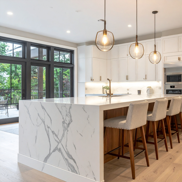 Modern kitchen with marble island and pendant lights