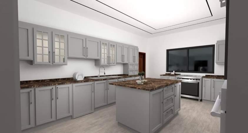 Modern kitchen with gray cabinets, marble countertops, and a central island.
