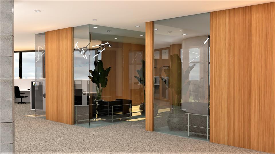 Glass wall with wooden panels in an office setting