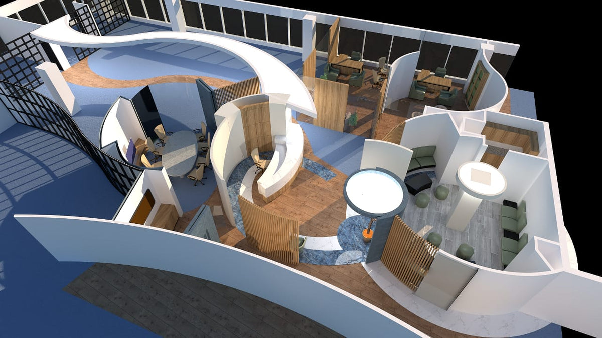 3D rendering of a cruise ship deck layout with various cabins and common areas.