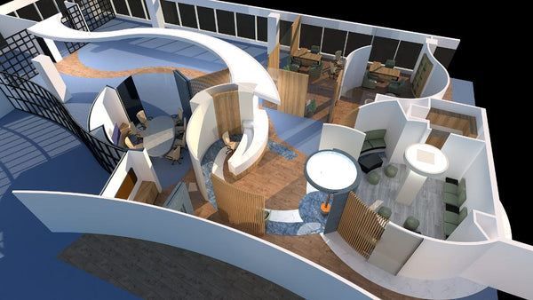 3D rendering of a cruise ship deck layout with various cabins and common areas.