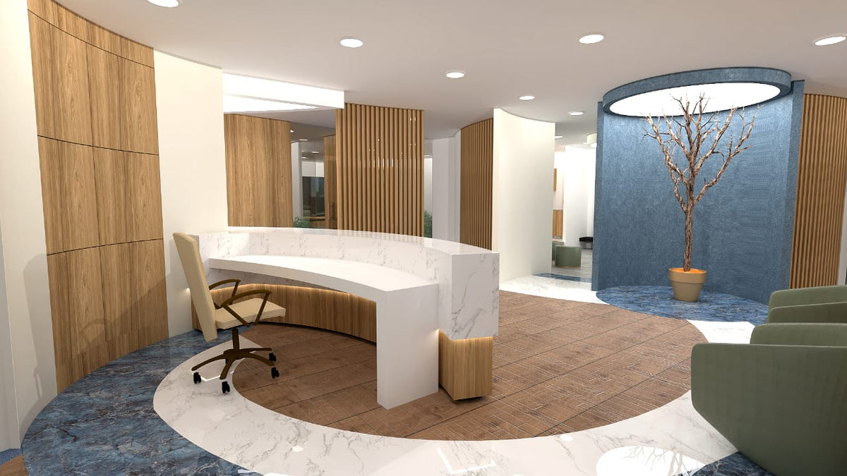 Modern office interior with a reception desk, chairs, and decorative elements.