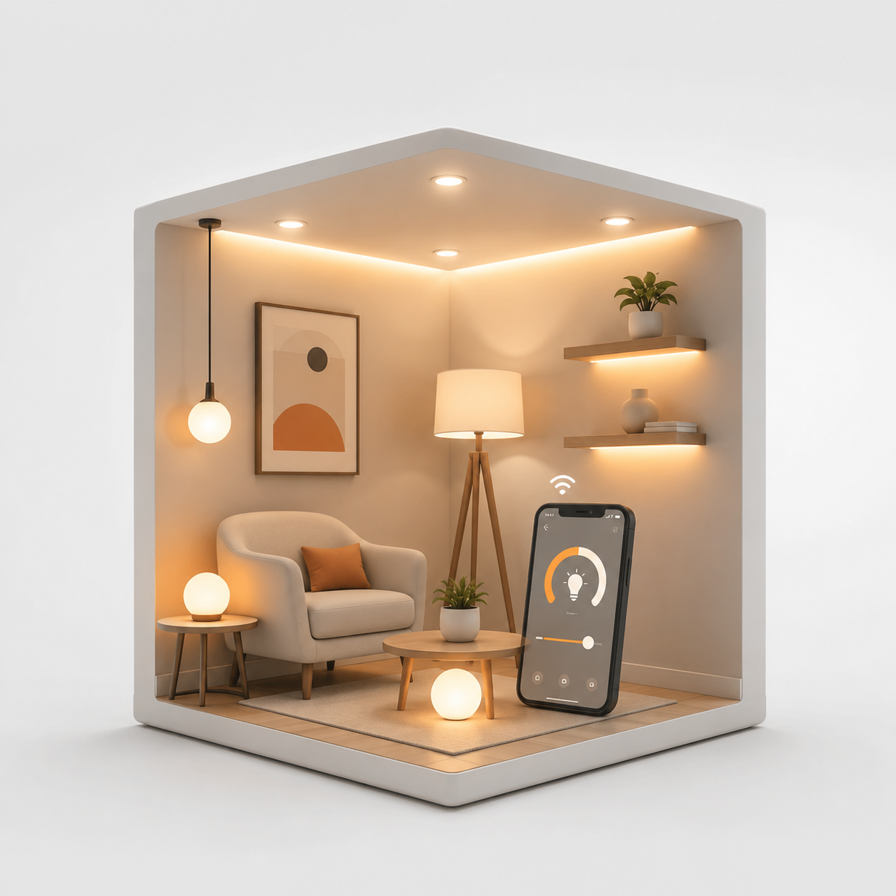 A smart home interior mockup showing a cozy living room scene inside a white cube-like display, with a chair, side table, floor lamp, wall art, shelves, plants, and a smartphone displaying a lighting control app.